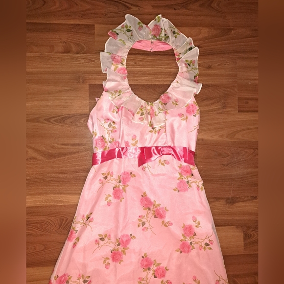 Funky Vintage Barbie Pink Floral Print Ruffle Collar Halter Prom Formal Dress - Picture 3 of 12